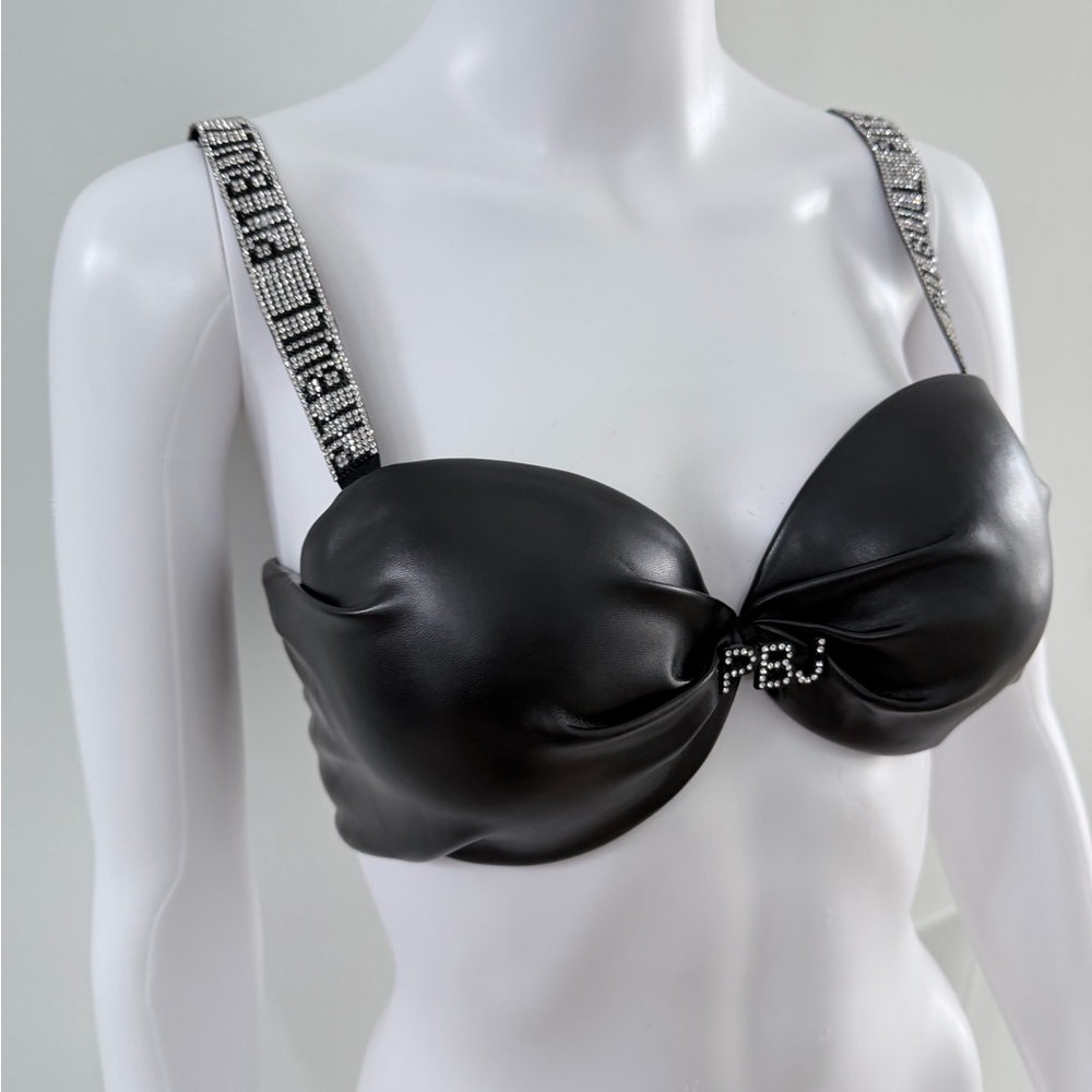 New Pitbull Y2K Streetwear Chic Black Leather Crop Top with Silver Accents S - Picture 4 of 6
